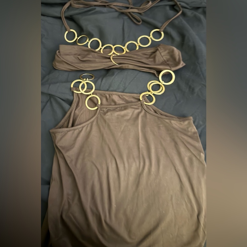 Brown two piece with Gold Ring Accents